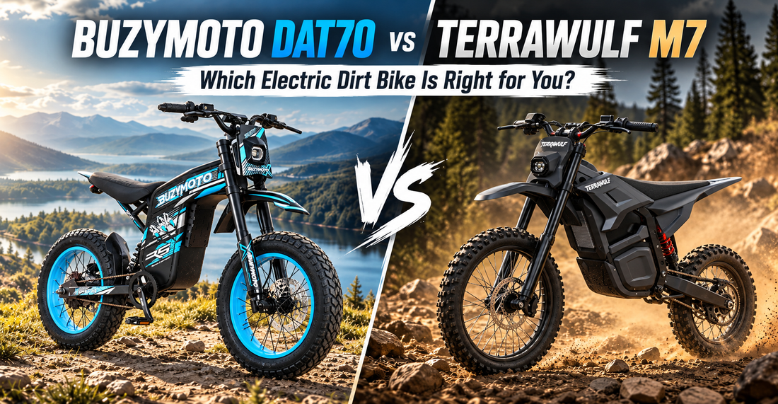 Buzymoto DAT70 vs Terrawulf M7 electric dirt bike comparison, featuring the blue Buzymoto DAT70 fat-tire e-bike and black Terrawulf M7 off-road electric dirt bike on mountain trails.