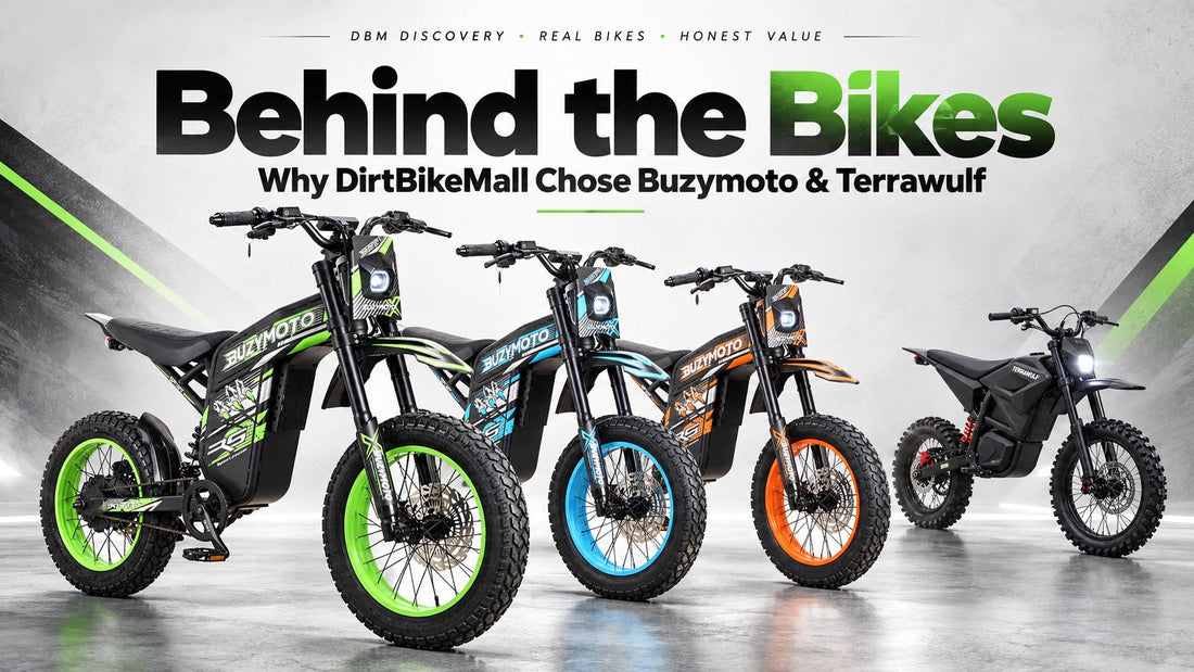 DirtBikeMall blog cover featuring Buzymoto DAT70 electric bikes and the Terrawulf M7, highlighting why DBM selected these electric dirt bike brands.