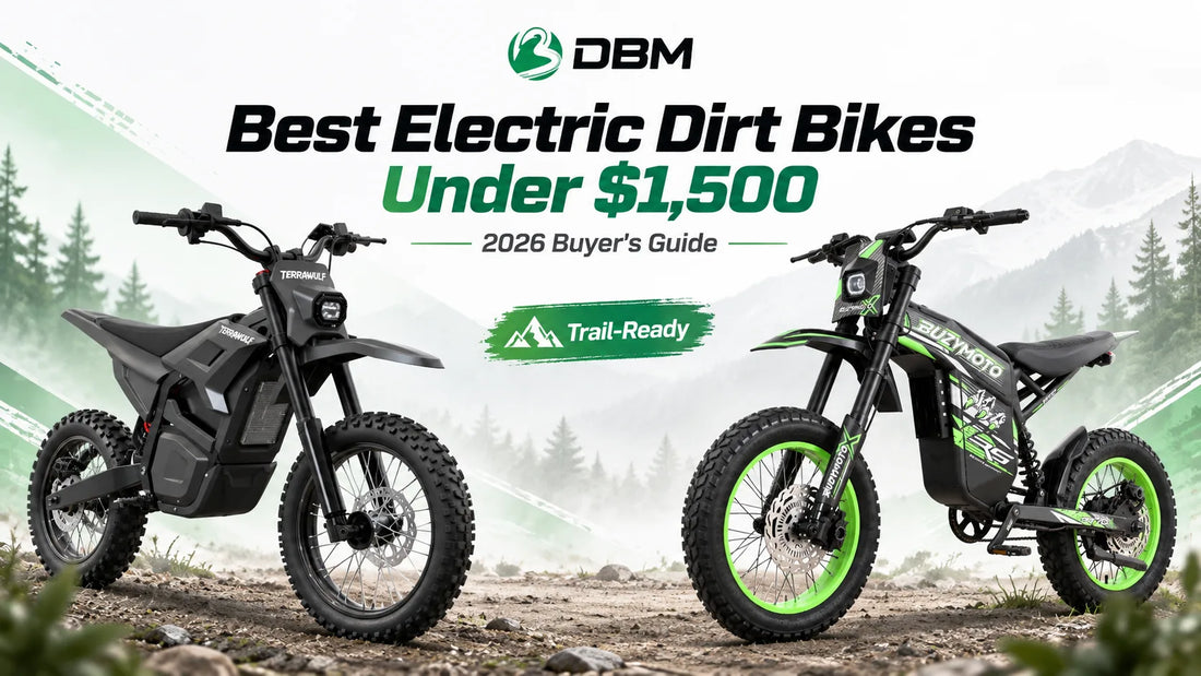 TerraWulf M7 and green Buzymoto DAT70 featured in DBM’s 2026 guide to electric dirt bikes under $1,500