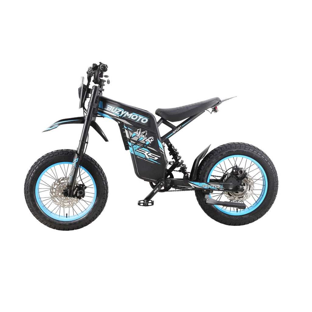 Blue Buzymoto DAT70 electric dirt bike with fat tires, pedal drivetrain, and full suspension shown in side profile on a white background.