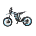 Blue Buzymoto DAT70 electric dirt bike with fat tires, pedal drivetrain, and full suspension shown in side profile on a white background.