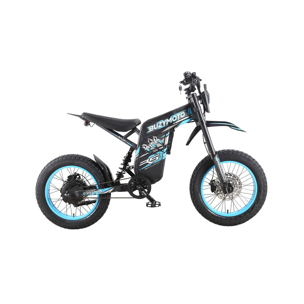 Blue Buzymoto DAT70 electric dirt bike featuring fat tires, hydraulic disc brakes, pedals, and full suspension on a white background.