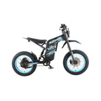 Blue Buzymoto DAT70 electric dirt bike featuring fat tires, hydraulic disc brakes, pedals, and full suspension on a white background.