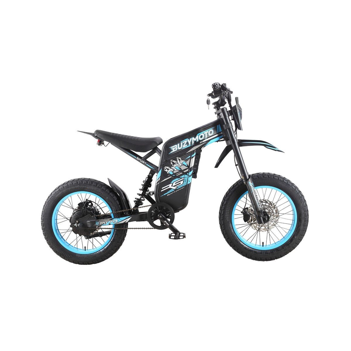 Blue Buzymoto DAT70 electric dirt bike featuring fat tires, hydraulic disc brakes, pedals, and full suspension on a white background.