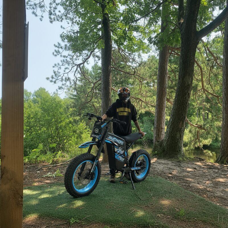 Rider in helmet standing with Buzymoto DAT70 blue electric dirt bike in forest setting