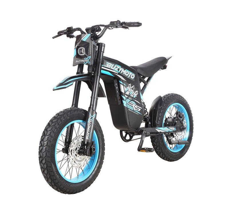Buzymoto DAT70 blue electric dirt bike front left angle view with fat off-road tires