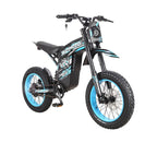 Buzymoto DAT70 blue electric dirt bike front right angle view showing headlight and front fork