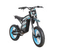 Buzymoto DAT70 blue electric dirt bike right side view showing battery pack and frame