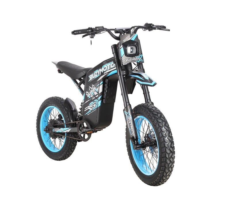 Buzymoto DAT70 blue electric dirt bike right side view showing battery pack and frame