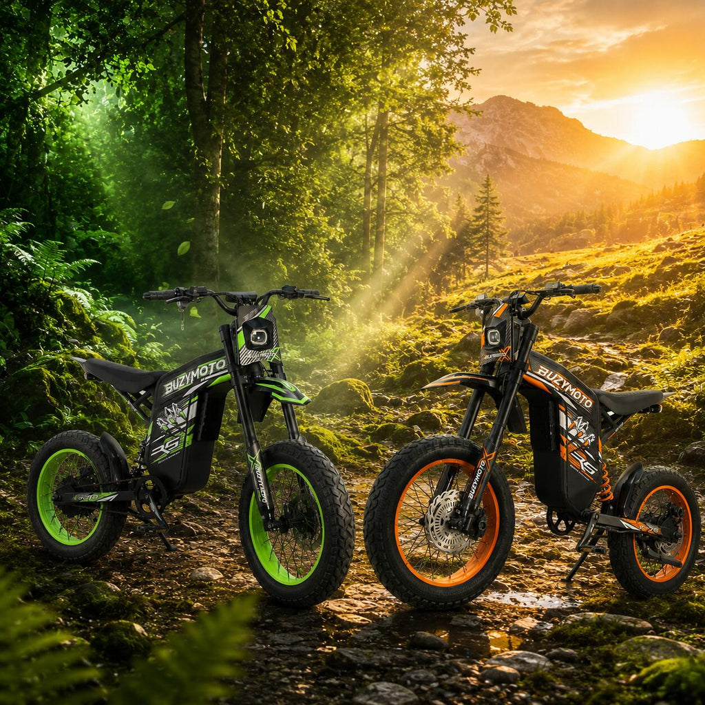 Fiery Sun & Living Forest
Green and orange Buzymoto DAT70 electric bikes between a lush forest and a sunlit mountain landscape.