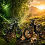 Fiery Sun & Living Forest
Green and orange Buzymoto DAT70 electric bikes between a lush forest and a sunlit mountain landscape.