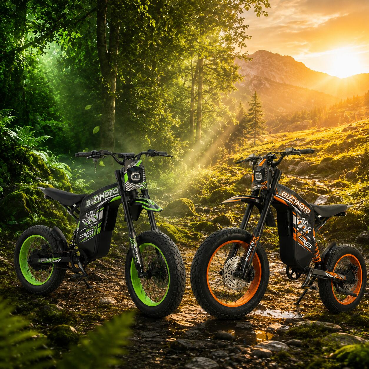 Fiery Sun & Living Forest
Green and orange Buzymoto DAT70 electric bikes between a lush forest and a sunlit mountain landscape.
