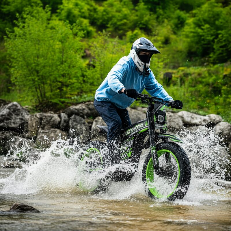 Rider in helmet crossing a creek on Buzymoto DAT70 green electric dirt bike with water splashing