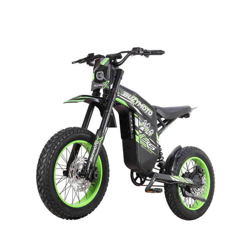 Buzymoto DAT70 green electric dirt bike front left view with fat off-road tires