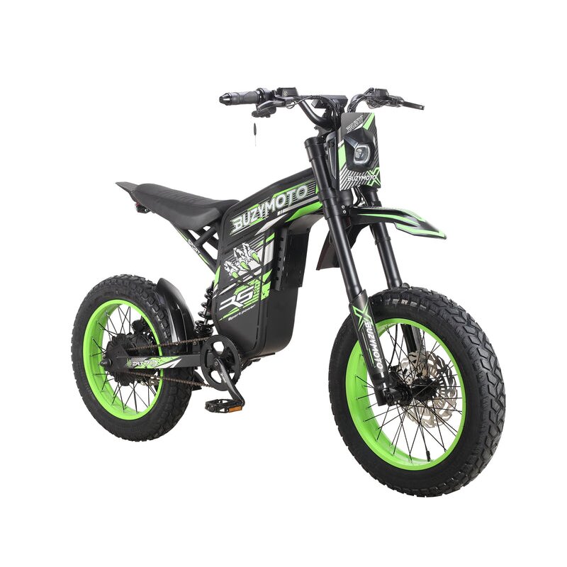 Buzymoto DAT70 green electric dirt bike front right view showing headlight and front fork
