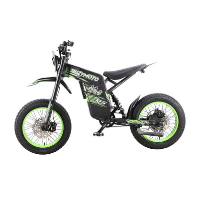 Buzymoto DAT70 green electric dirt bike left side profile view with green rims
