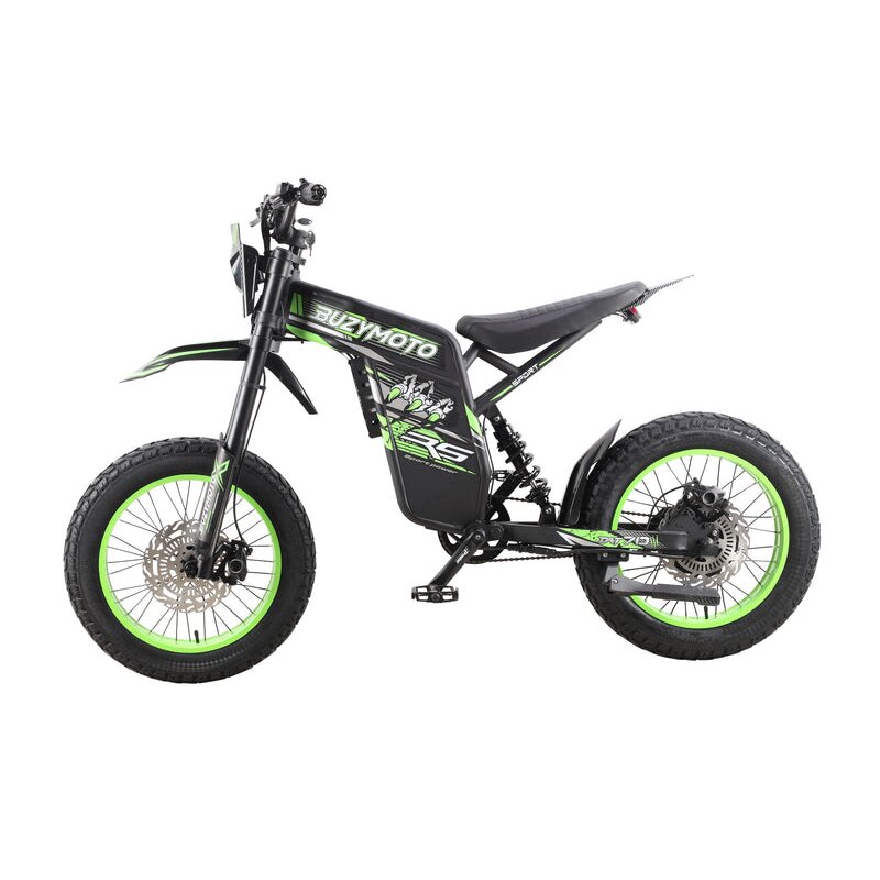 Buzymoto DAT70 green electric dirt bike left side profile view with green rims