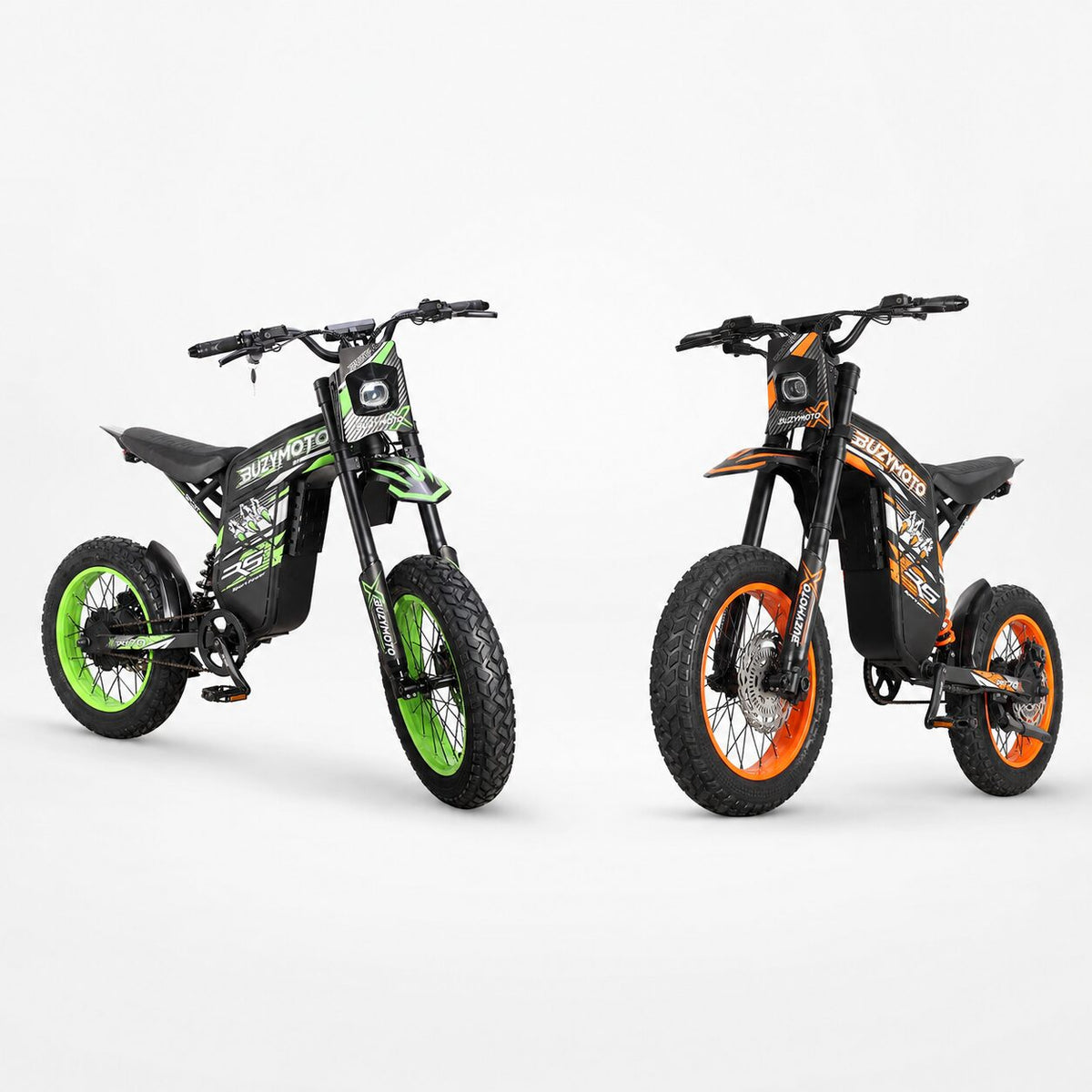 Orange Buzymoto DAT70 positioned in front of a green DAT70 in a staggered two-bike studio composition.