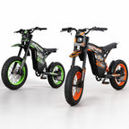 Green and orange Buzymoto DAT70 electric bikes displayed side by side on a clean white studio background.