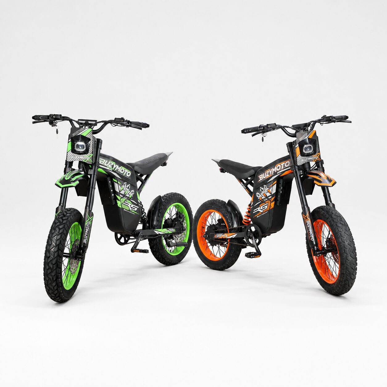 Green and orange Buzymoto DAT70 electric bikes arranged in a balanced V-shaped formation on a white background.