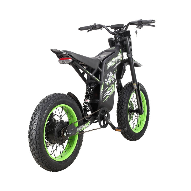 Buzymoto DAT70 green electric dirt bike rear left view showing tail light and rear suspension