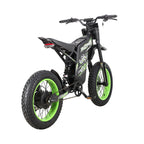Buzymoto DAT70 green electric dirt bike rear left view showing tail light and rear suspension