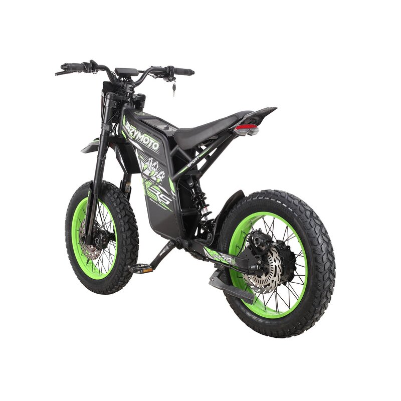 Buzymoto DAT70 green electric dirt bike rear right view with chain drive and green rims