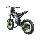 Buzymoto DAT70 green electric dirt bike rear right view with chain drive and green rims