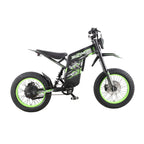 Buzymoto DAT70 green electric dirt bike right side profile view showing battery pack and frame