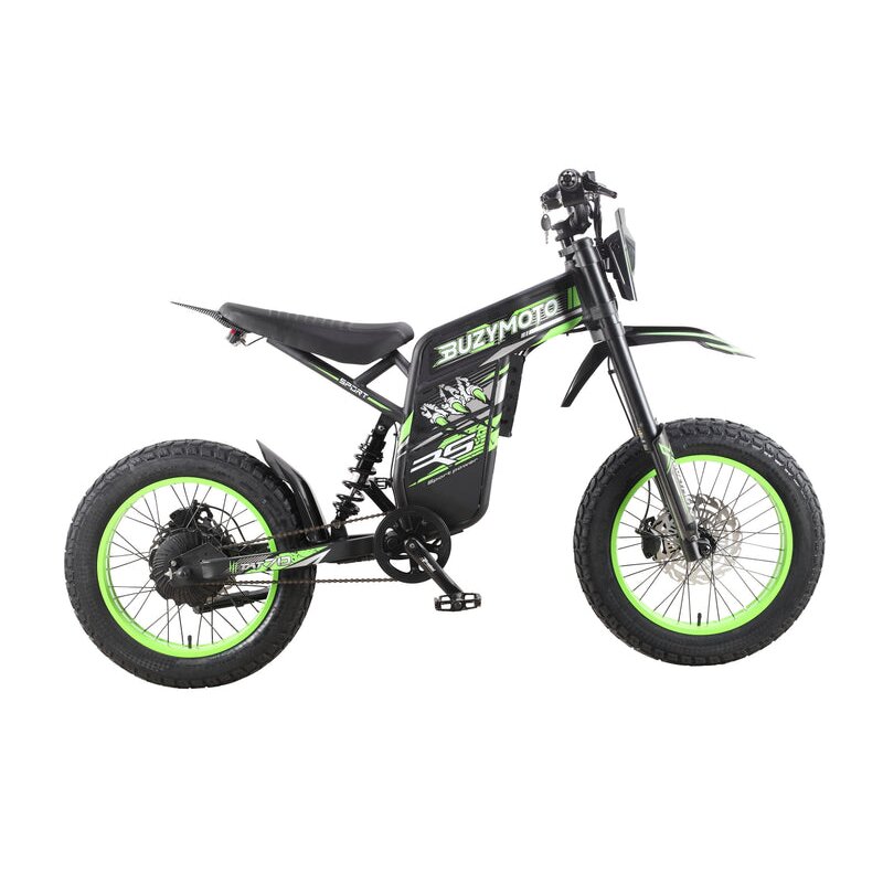 Buzymoto DAT70 green electric dirt bike right side profile view showing battery pack and frame
