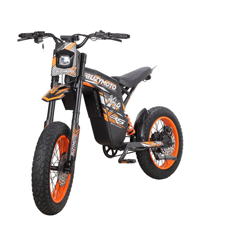 Buzymoto DAT70 orange electric dirt bike front left angle close-up view