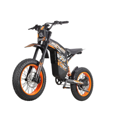 Buzymoto DAT70 orange electric dirt bike front left view with black frame and orange spoke wheels