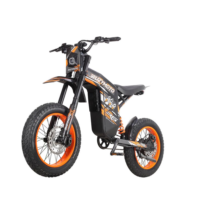 Buzymoto DAT70 orange electric dirt bike front left view with black frame and orange spoke wheels