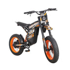 Buzymoto DAT70 orange electric dirt bike front right angle view showing headlight and front fork