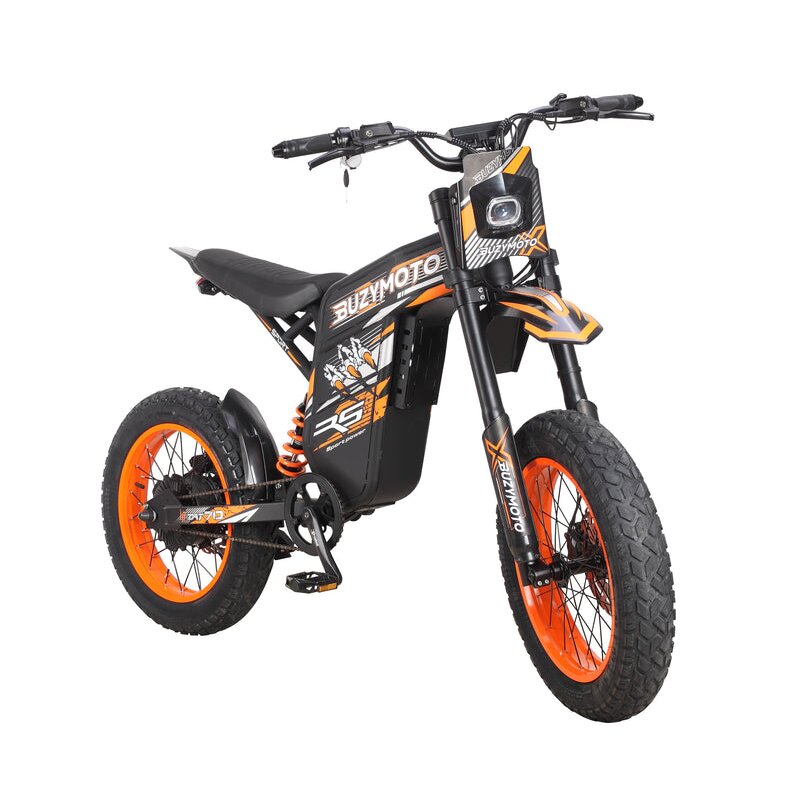 Buzymoto DAT70 orange electric dirt bike front right angle view showing headlight and front fork