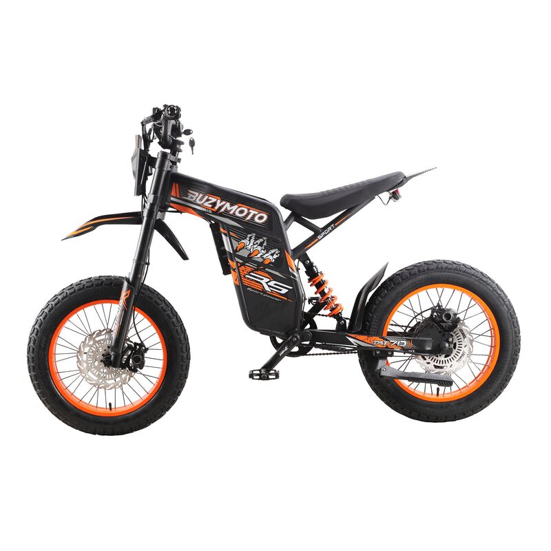 Buzymoto DAT70 orange electric dirt bike left side profile view showing full frame and battery