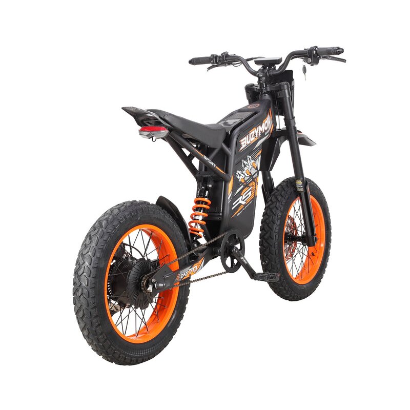 Buzymoto DAT70 orange electric dirt bike rear left view showing tail light and rear suspension