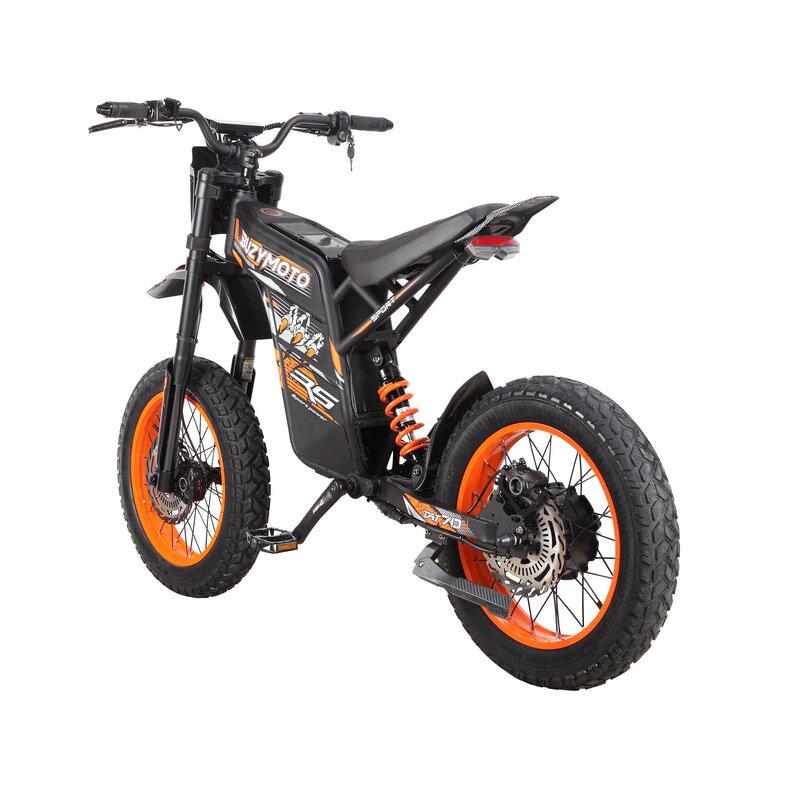 Buzymoto DAT70 orange electric dirt bike rear right view with chain drive and orange rims