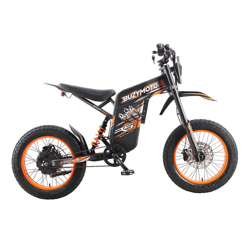Buzymoto DAT70 orange electric dirt bike right side profile view with orange rims and fat tires