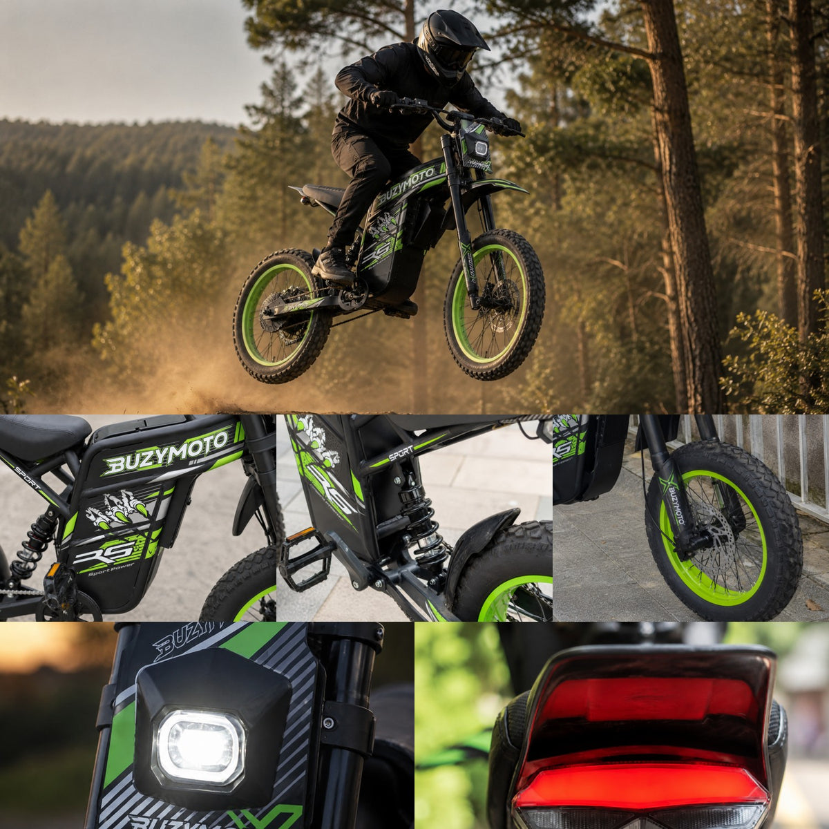 Green Buzymoto electric dirt bike jumping off-road with close-up feature details from Dirt Bike Mall