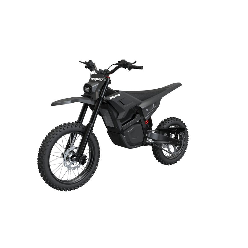 Terrawulf M7 black electric dirt motorcycle front left view showing headlight and front fork