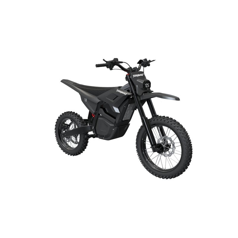 Terrawulf M7 black electric dirt motorcycle front right view with red brake calipers