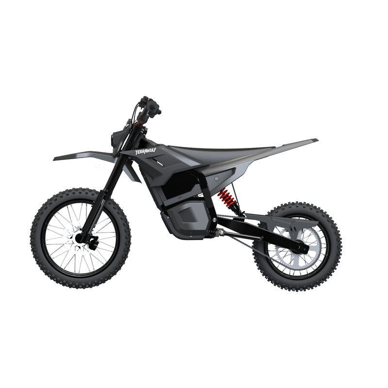 Terrawulf M7 black electric dirt motorcycle left side profile view showing full frame and battery