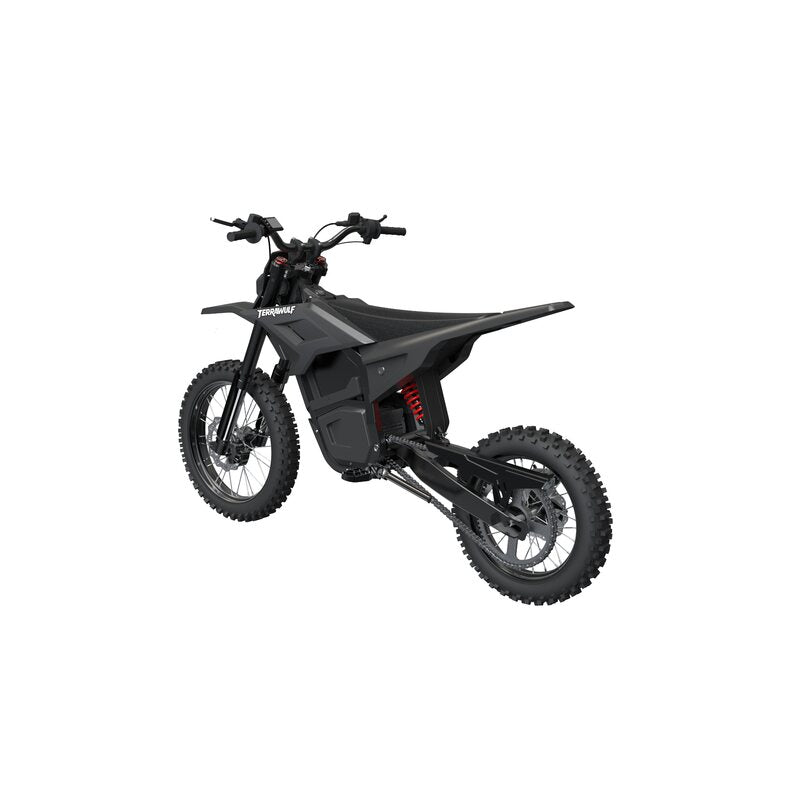 Terrawulf M7 black electric dirt motorcycle rear left view showing tail section and rear suspension