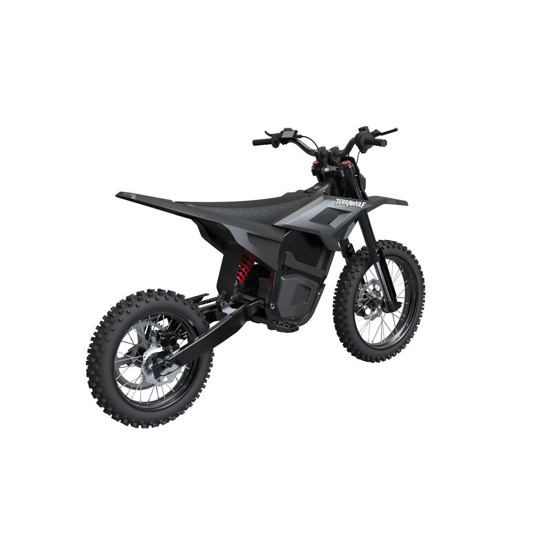 Terrawulf M7 black electric dirt motorcycle rear right view showing chain drive and rear wheel