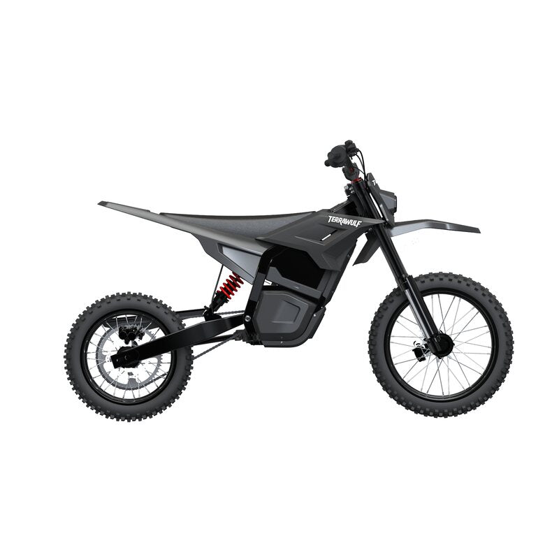 Terrawulf M7 black electric dirt motorcycle right side profile view with knobby off-road tires