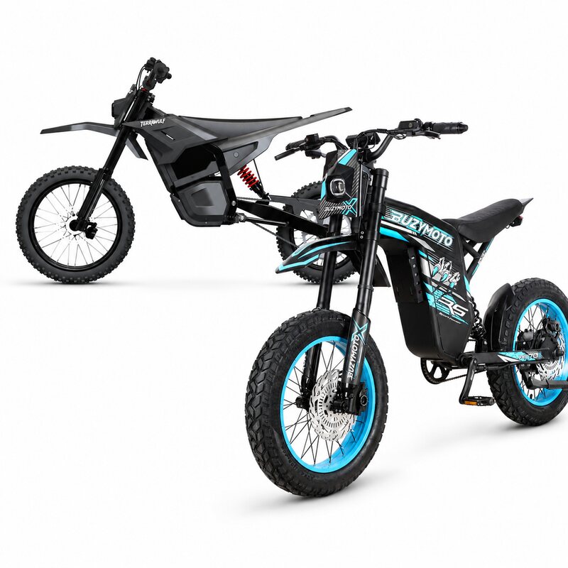Buzymoto DAT70 Blue and Terrawulf M7 electric dirt motorcycles combo, close-up front right view