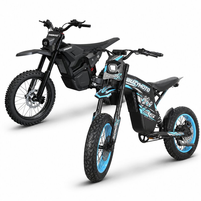 Buzymoto DAT70 Blue and Terrawulf M7 electric dirt motorcycles combo, dual front angle view