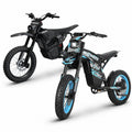 Buzymoto DAT70 Blue and Terrawulf M7 electric dirt motorcycles combo, dual front angle view