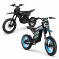 Buzymoto DAT70 Blue and Terrawulf M7 electric dirt motorcycles combo, front left view